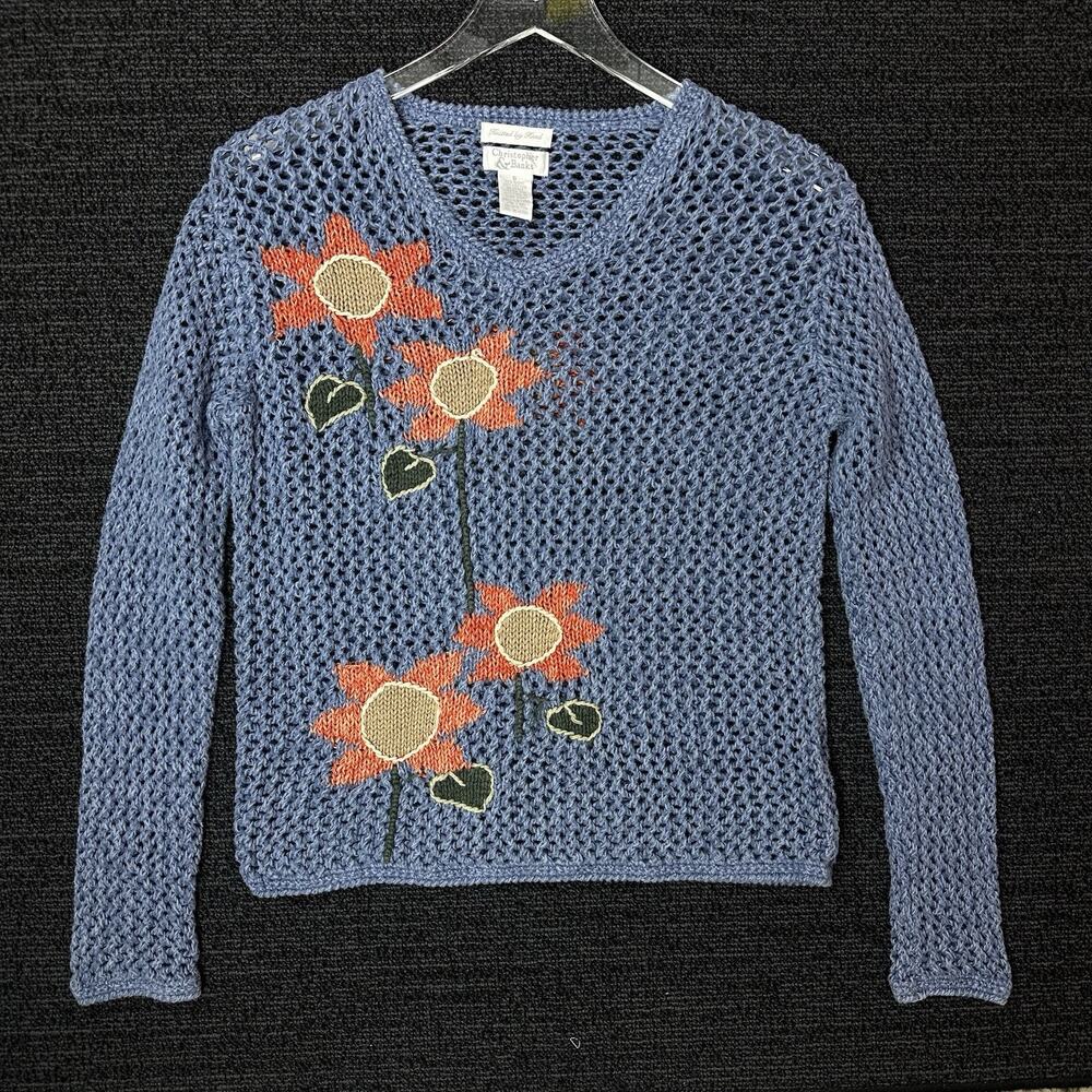 Christopher & Banks Womens Sweater Blue floral Pullover Hand Knitted Size Small